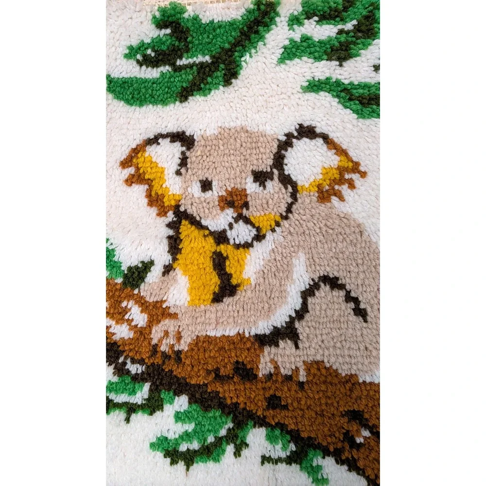 Vintage Latch Hook Rug Wall Hanging Koala Bear Tree Branch Retro 18x23 Art